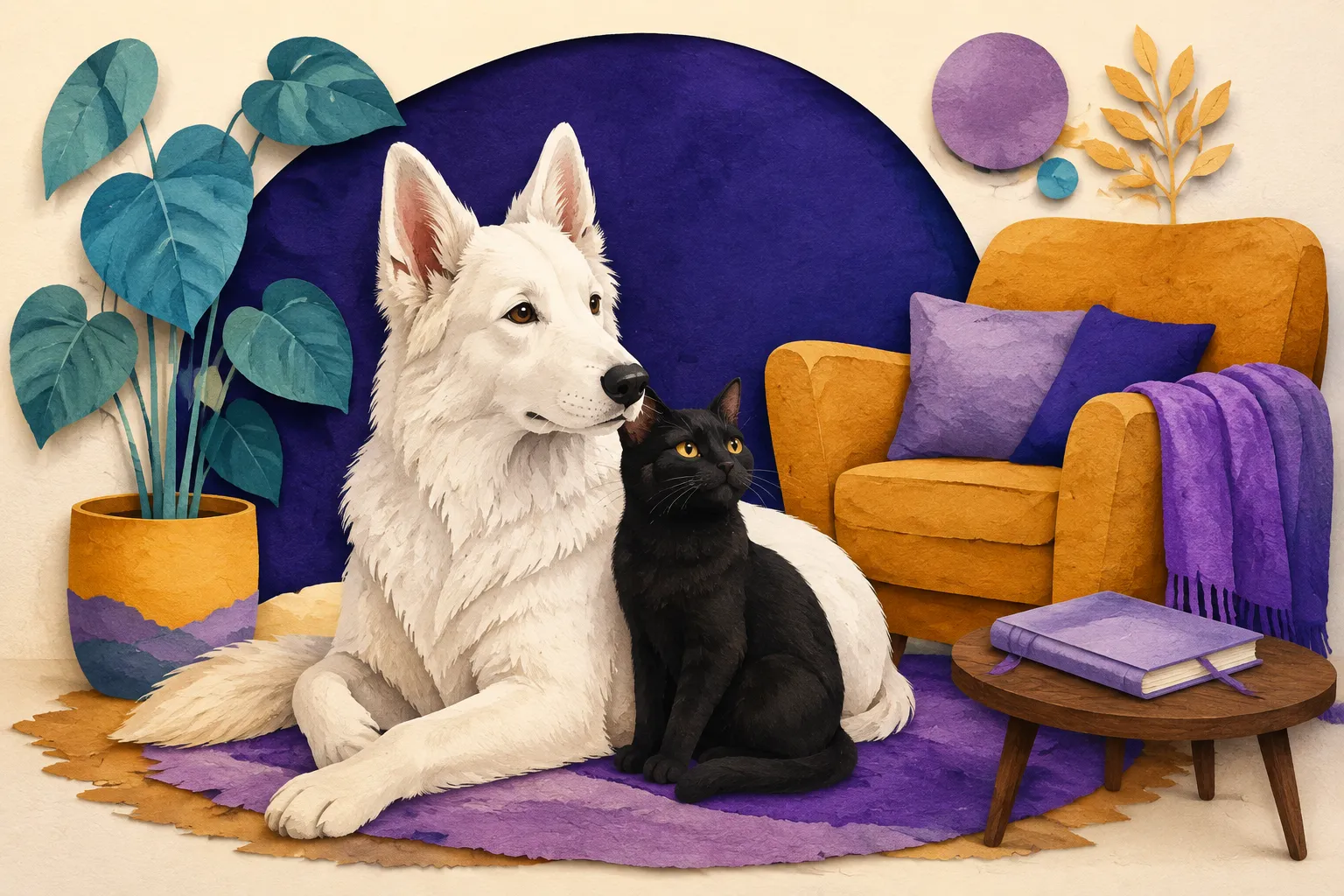 Ilustração de um cão e um gato juntos em casa