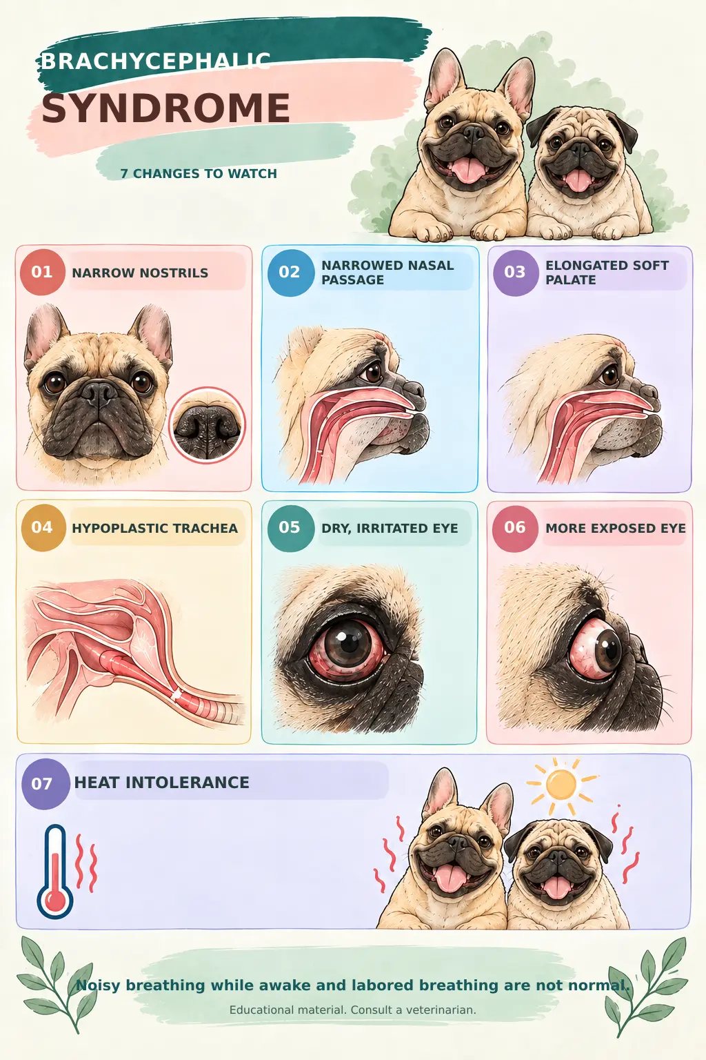 Infographic showing seven concerns associated with brachycephalic conformation: narrow nostrils, narrowed nasal passage, elongated soft palate, hypoplastic trachea, dry eye, exposed eye and heat intolerance