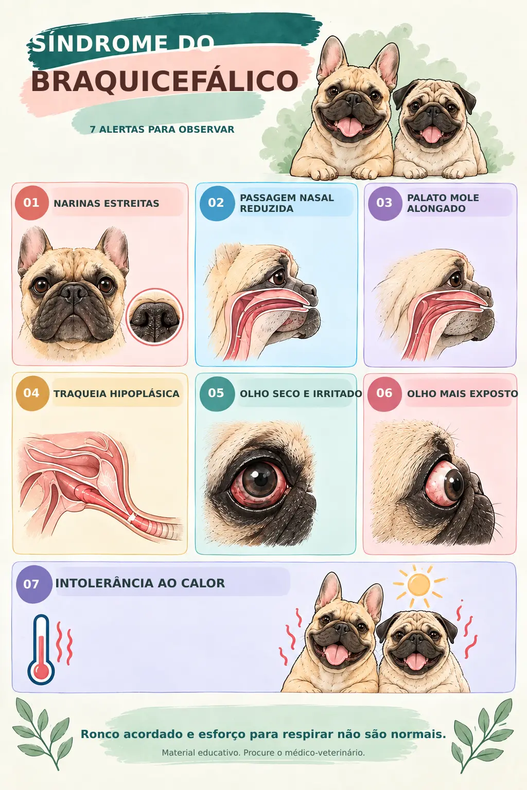 Infográfico com sete alertas ligados à conformação braquicefálica: narinas estreitas, passagem nasal reduzida, palato mole alongado, traqueia hipoplásica, olho seco, olho exposto e intolerância ao calor