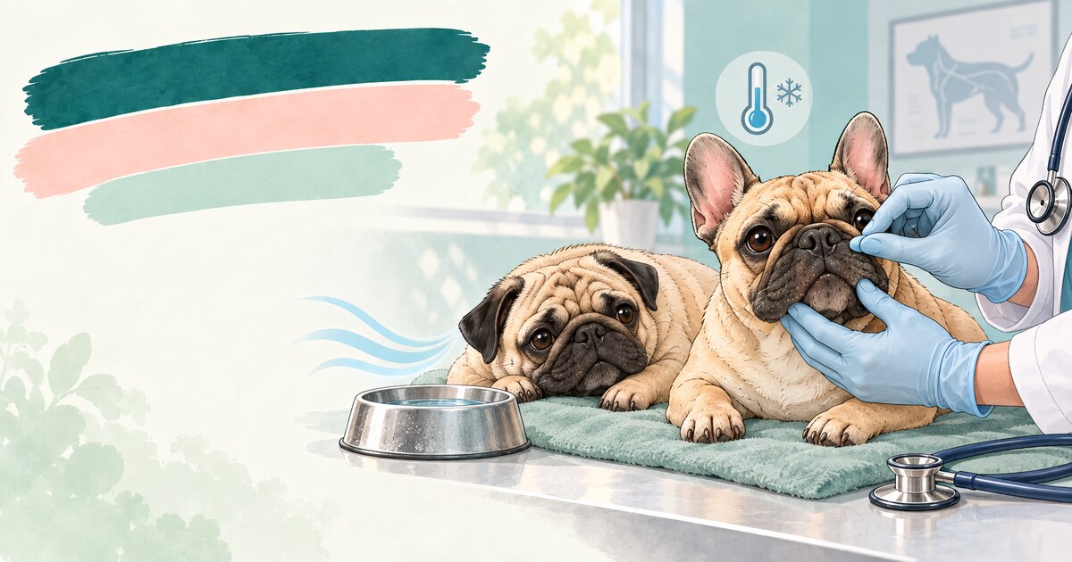 Bulldog francês e pug passam por avaliação veterinária das narinas em uma sala fresca