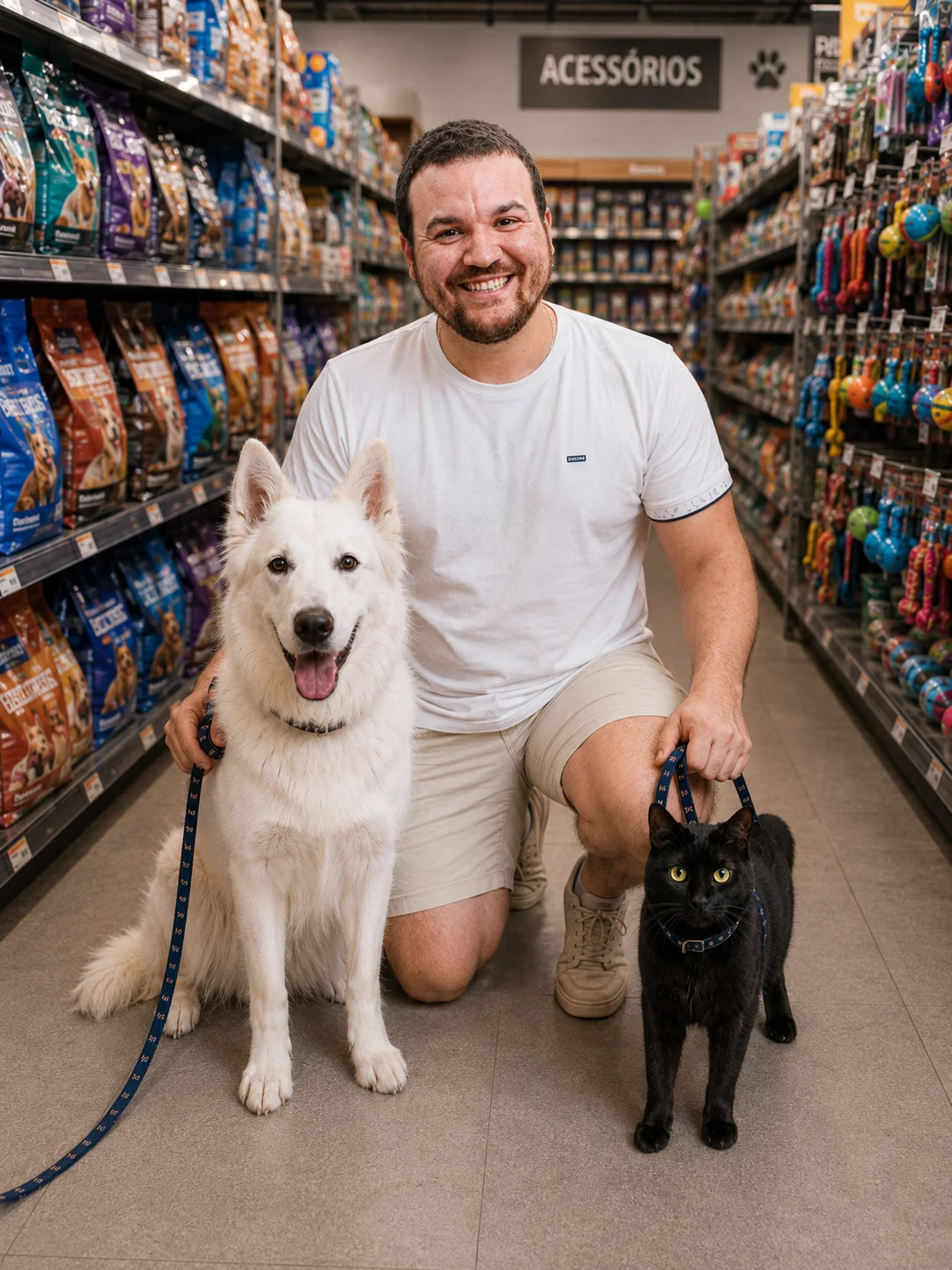 Victor Costa com um cão e um gato