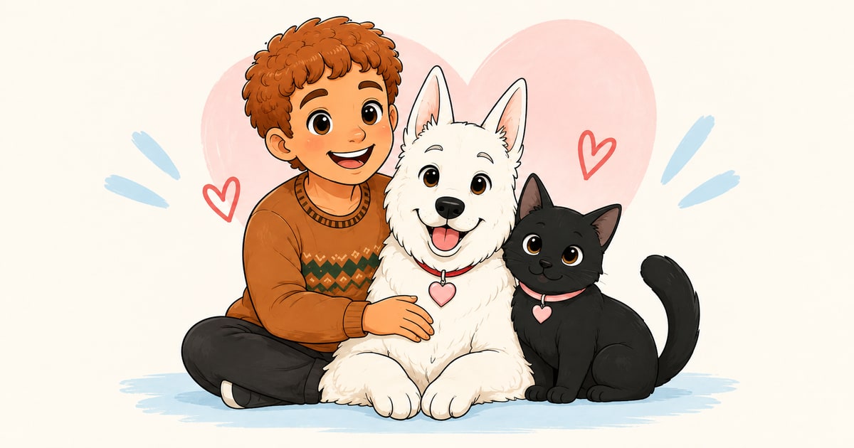 Tutor abraça um cão branco ao lado de um gato preto, em ilustração sobre o cuidado diário com pets diabéticos