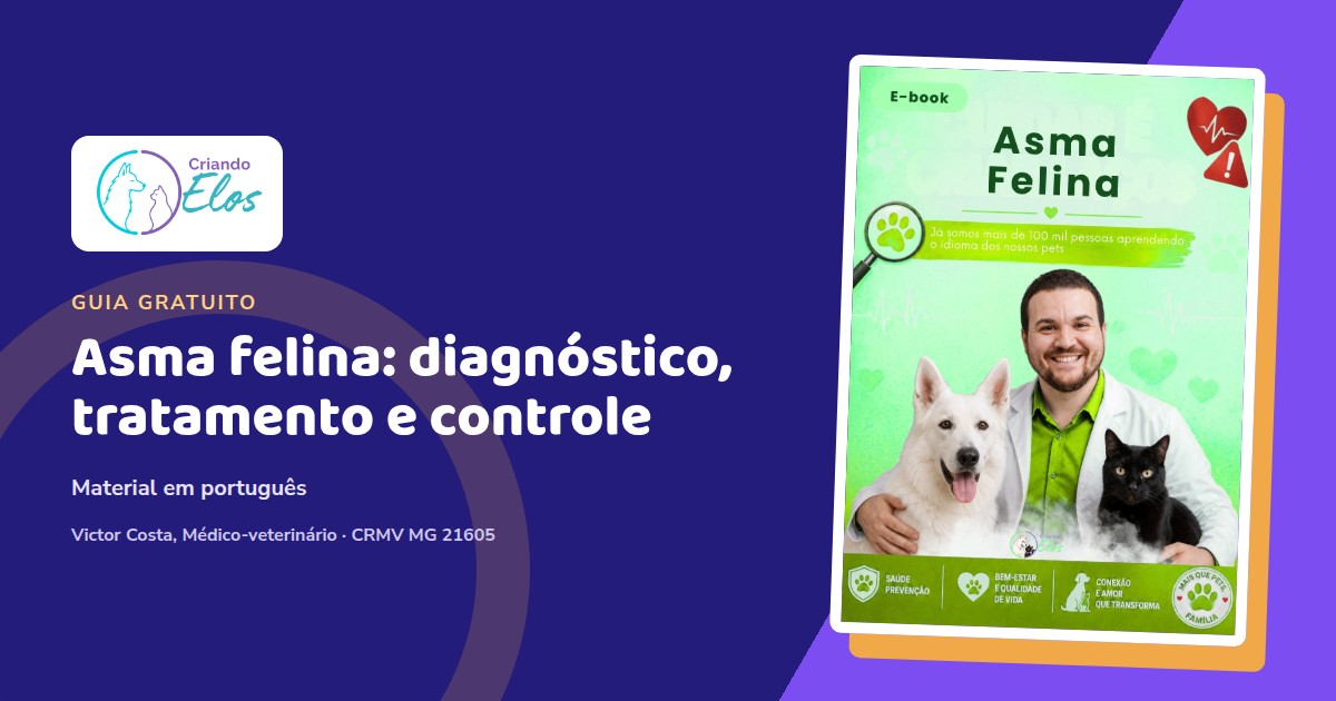 Composição editorial do e-book Asma Felina do Criando Elos, com capa em português e tema de saúde respiratória dos gatos