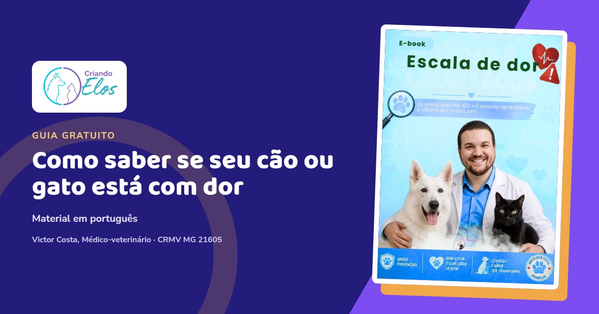 Composição editorial com a capa em português do e-book Escala de dor, sobre observação de cães e gatos.