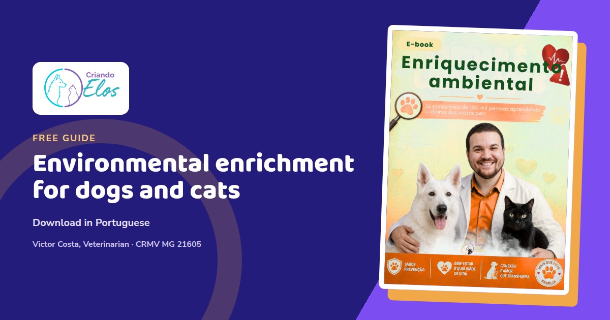 Composition of the environmental enrichment ebook showing a dog sniffing and a cat exploring an elevated space
