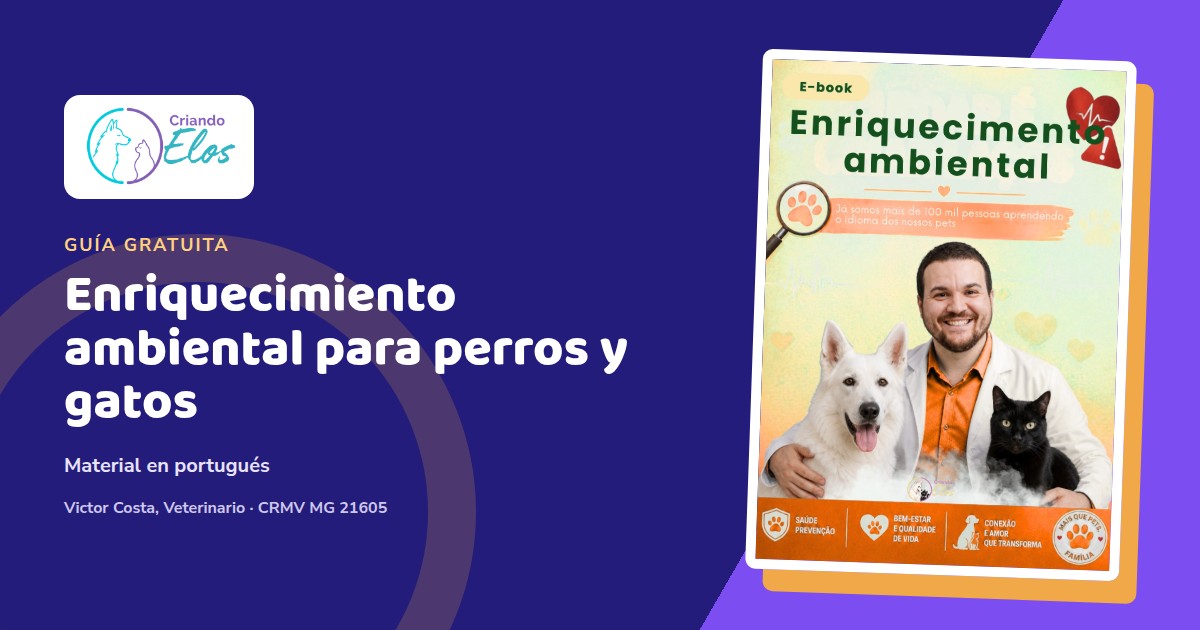 Composición del ebook sobre enriquecimiento ambiental con un perro olfateando y un gato explorando un lugar elevado