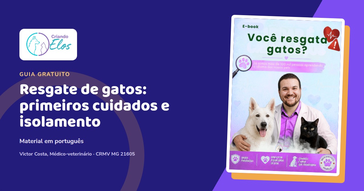 Composição editorial com a capa em português do e-book sobre resgate de gatos do Criando Elos