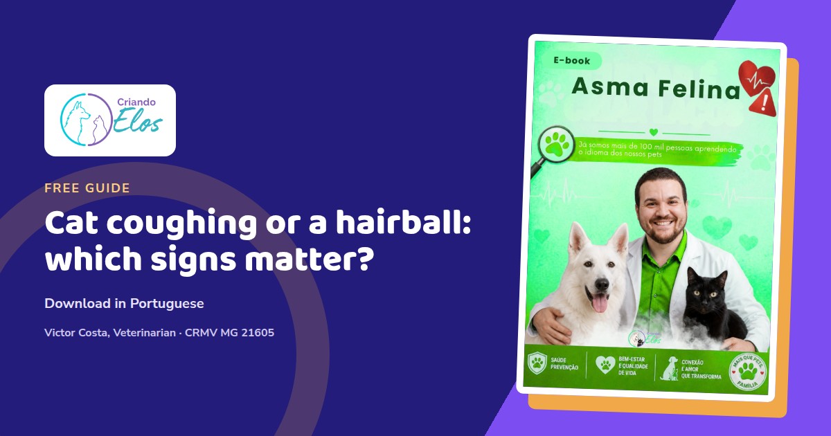 Editorial composition using the Portuguese cover of the Feline Asthma e-book, about coughing and breathing difficulties in cats