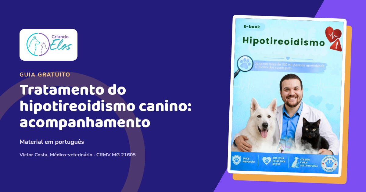 Composição editorial com a capa em português do e-book Hipotireoidismo do Criando Elos, sobre tratamento e acompanhamento de cães.