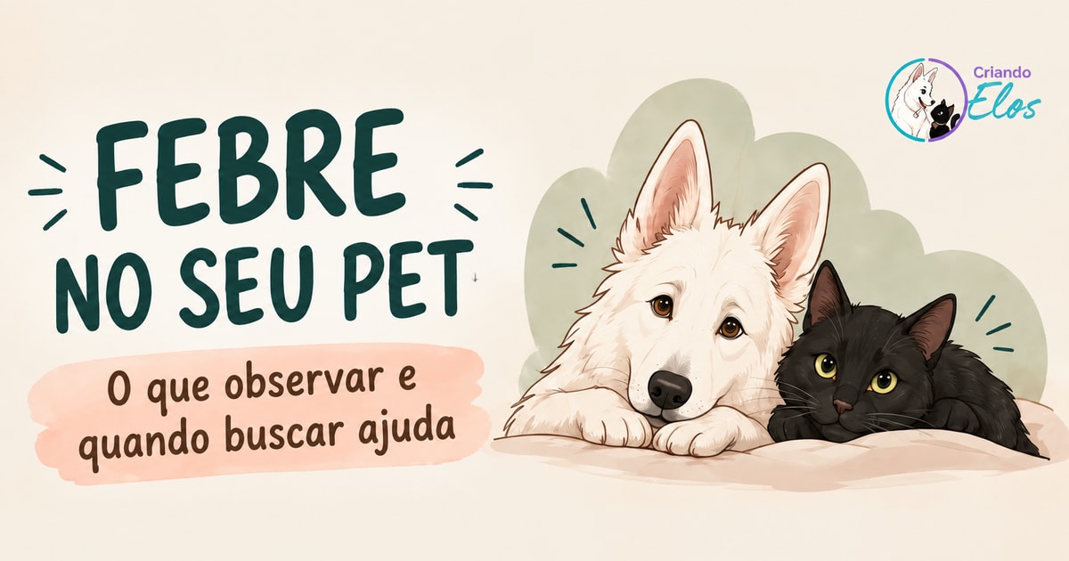 Cão branco e gato preto descansando juntos, na ilustração do Criando Elos sobre febre em pets