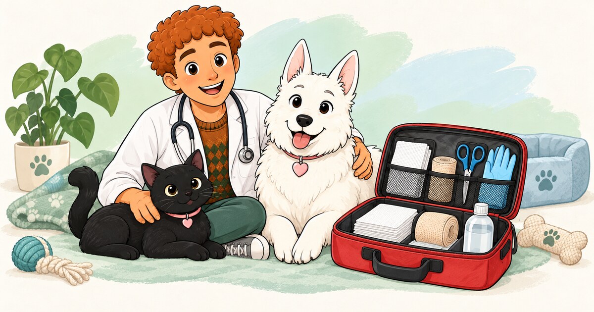 Veterinário com um cão branco e um gato preto ao lado de uma bolsa aberta com materiais de primeiros socorros